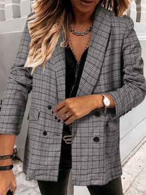 Women Plaid Double Breasted Lapel Casual Long Sleeve Thin Blazers